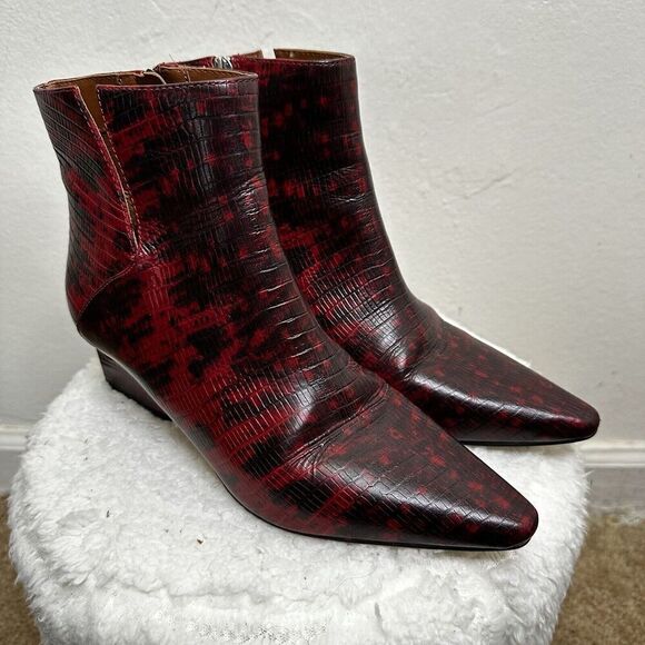 Franco Sarto Booties Women's Red Animal Print Block Heel Pointed‎ Toe Zip Up 6.5 - Picture 1 of 13